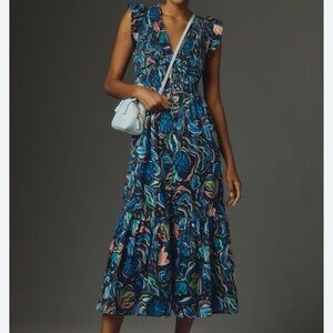 Anthropologie Peregrine Blue Floral V-Neck Tiered Midi Dress